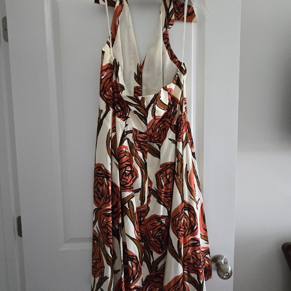 Ivory Floral Halter Midi Dress with Rust Rose Print - Picture 2 of 3